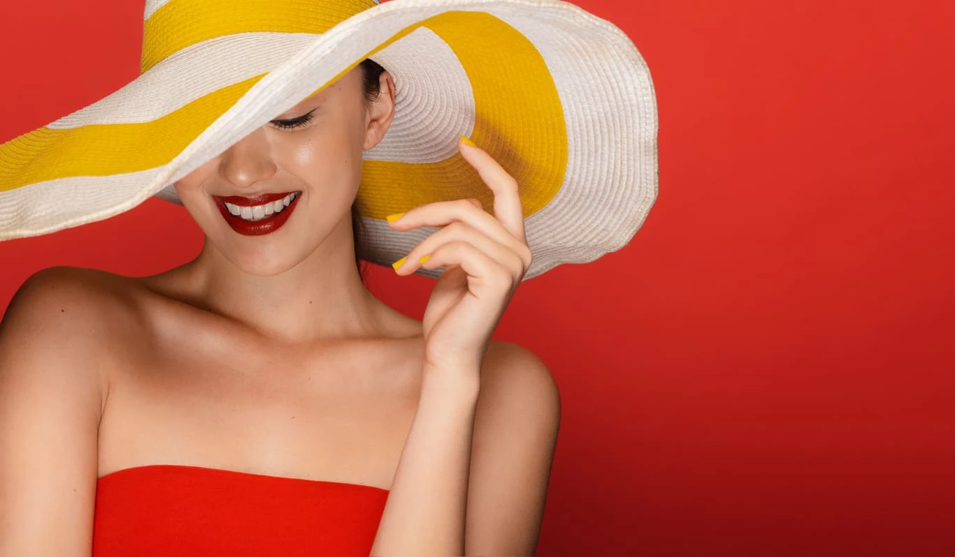 Advertising model on red backdrop