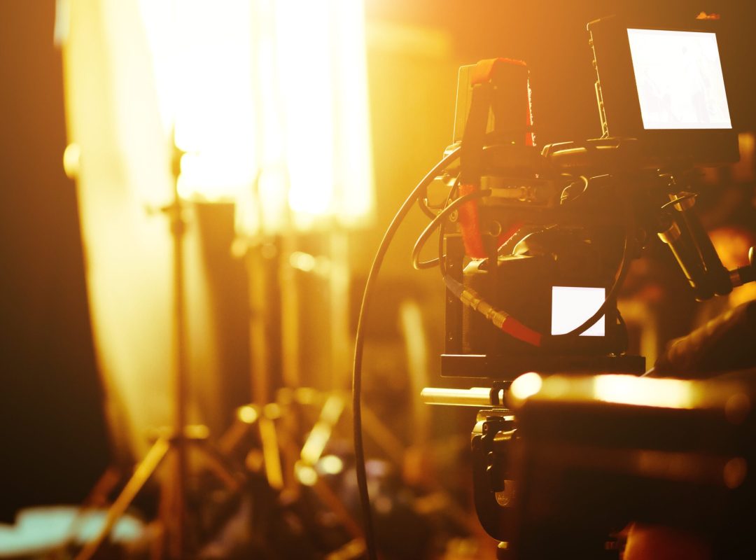 detail of Video camera viewfinder,film production crew,behind the scenes background.